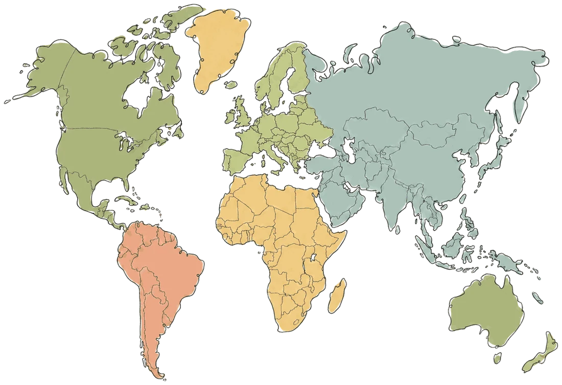 Hand-drawn world map with FTI supplier countries marked by stars